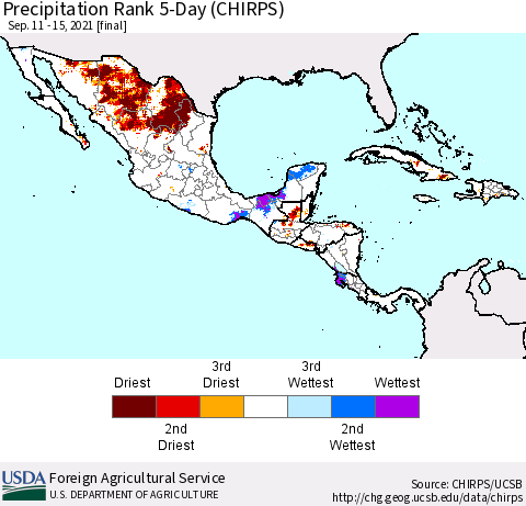 Mexico Central America and the Caribbean Precipitation Rank since 1981, 5-Day (CHIRPS) Thematic Map For 9/11/2021 - 9/15/2021