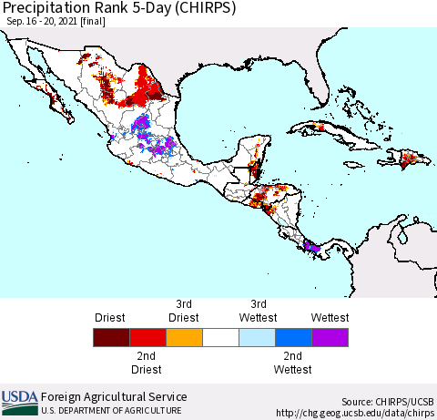 Mexico Central America and the Caribbean Precipitation Rank since 1981, 5-Day (CHIRPS) Thematic Map For 9/16/2021 - 9/20/2021
