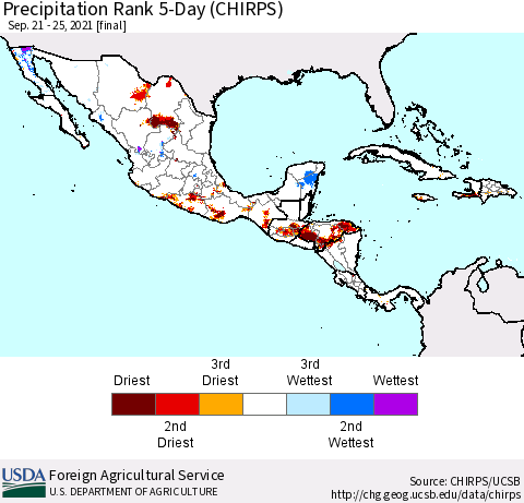 Mexico Central America and the Caribbean Precipitation Rank since 1981, 5-Day (CHIRPS) Thematic Map For 9/21/2021 - 9/25/2021