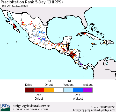 Mexico Central America and the Caribbean Precipitation Rank since 1981, 5-Day (CHIRPS) Thematic Map For 9/26/2021 - 9/30/2021