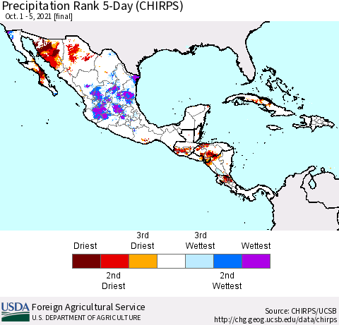 Mexico Central America and the Caribbean Precipitation Rank since 1981, 5-Day (CHIRPS) Thematic Map For 10/1/2021 - 10/5/2021