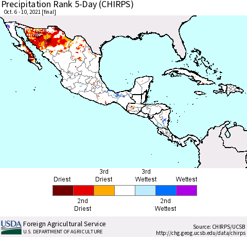 Mexico Central America and the Caribbean Precipitation Rank since 1981, 5-Day (CHIRPS) Thematic Map For 10/6/2021 - 10/10/2021