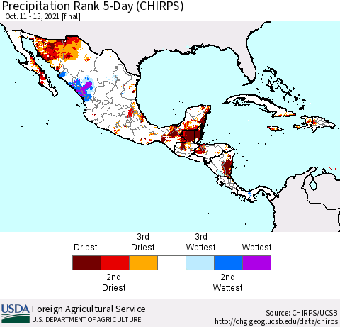 Mexico Central America and the Caribbean Precipitation Rank since 1981, 5-Day (CHIRPS) Thematic Map For 10/11/2021 - 10/15/2021