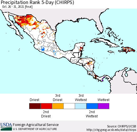 Mexico Central America and the Caribbean Precipitation Rank since 1981, 5-Day (CHIRPS) Thematic Map For 10/26/2021 - 10/31/2021