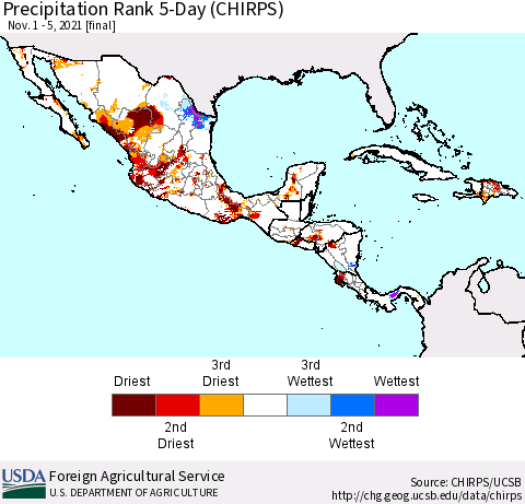 Mexico Central America and the Caribbean Precipitation Rank since 1981, 5-Day (CHIRPS) Thematic Map For 11/1/2021 - 11/5/2021