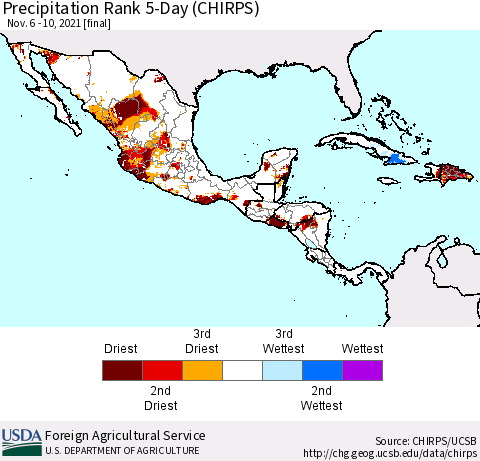 Mexico Central America and the Caribbean Precipitation Rank since 1981, 5-Day (CHIRPS) Thematic Map For 11/6/2021 - 11/10/2021