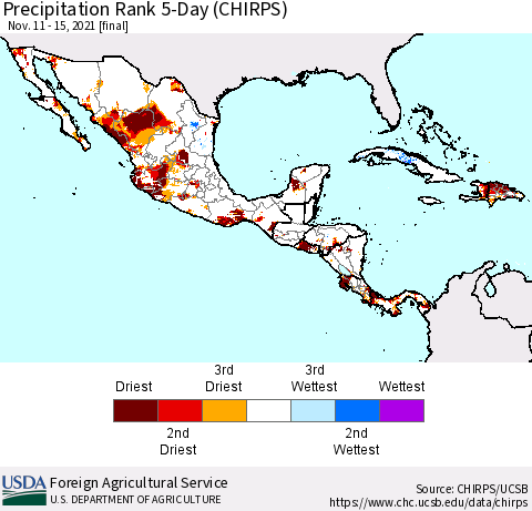 Mexico Central America and the Caribbean Precipitation Rank since 1981, 5-Day (CHIRPS) Thematic Map For 11/11/2021 - 11/15/2021