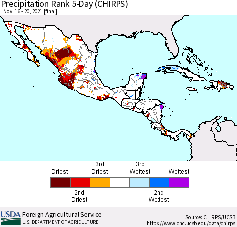 Mexico Central America and the Caribbean Precipitation Rank since 1981, 5-Day (CHIRPS) Thematic Map For 11/16/2021 - 11/20/2021