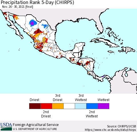 Mexico Central America and the Caribbean Precipitation Rank since 1981, 5-Day (CHIRPS) Thematic Map For 11/26/2021 - 11/30/2021