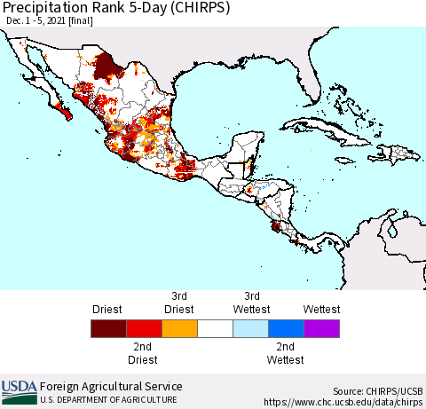 Mexico Central America and the Caribbean Precipitation Rank since 1981, 5-Day (CHIRPS) Thematic Map For 12/1/2021 - 12/5/2021