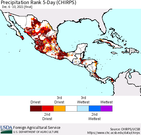 Mexico Central America and the Caribbean Precipitation Rank since 1981, 5-Day (CHIRPS) Thematic Map For 12/6/2021 - 12/10/2021