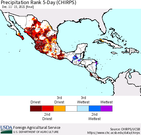 Mexico Central America and the Caribbean Precipitation Rank since 1981, 5-Day (CHIRPS) Thematic Map For 12/11/2021 - 12/15/2021