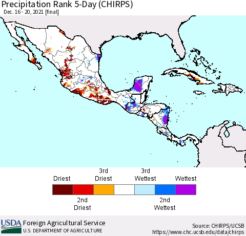 Mexico Central America and the Caribbean Precipitation Rank since 1981, 5-Day (CHIRPS) Thematic Map For 12/16/2021 - 12/20/2021