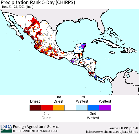 Mexico Central America and the Caribbean Precipitation Rank since 1981, 5-Day (CHIRPS) Thematic Map For 12/21/2021 - 12/25/2021