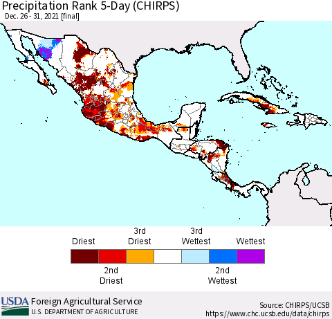 Mexico Central America and the Caribbean Precipitation Rank since 1981, 5-Day (CHIRPS) Thematic Map For 12/26/2021 - 12/31/2021