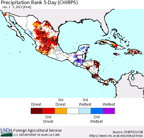 Mexico Central America and the Caribbean Precipitation Rank since 1981, 5-Day (CHIRPS) Thematic Map For 1/1/2022 - 1/5/2022