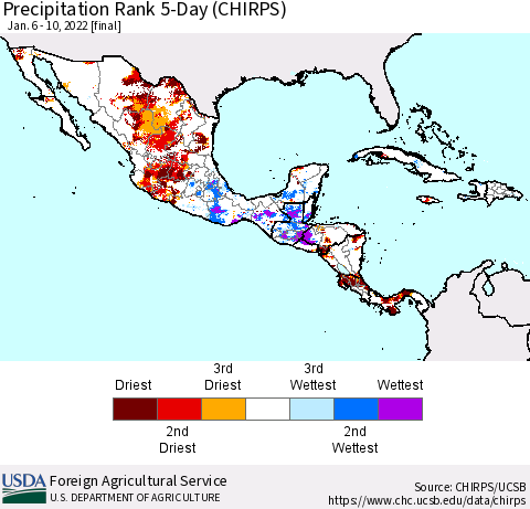 Mexico Central America and the Caribbean Precipitation Rank since 1981, 5-Day (CHIRPS) Thematic Map For 1/6/2022 - 1/10/2022