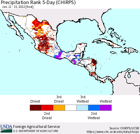 Mexico Central America and the Caribbean Precipitation Rank since 1981, 5-Day (CHIRPS) Thematic Map For 1/11/2022 - 1/15/2022