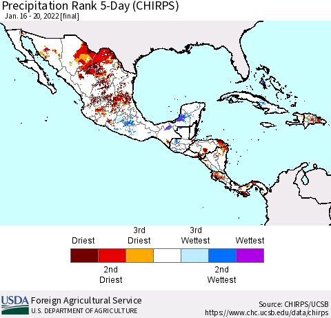 Mexico Central America and the Caribbean Precipitation Rank since 1981, 5-Day (CHIRPS) Thematic Map For 1/16/2022 - 1/20/2022