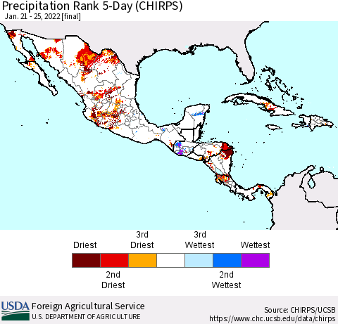 Mexico Central America and the Caribbean Precipitation Rank since 1981, 5-Day (CHIRPS) Thematic Map For 1/21/2022 - 1/25/2022