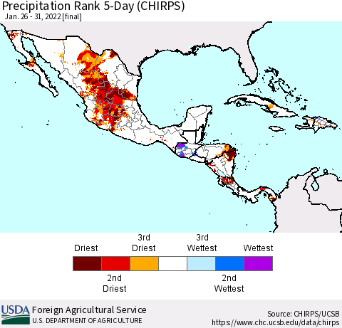 Mexico Central America and the Caribbean Precipitation Rank since 1981, 5-Day (CHIRPS) Thematic Map For 1/26/2022 - 1/31/2022