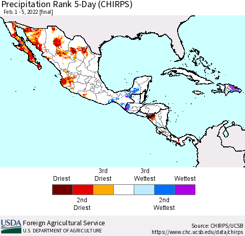 Mexico Central America and the Caribbean Precipitation Rank since 1981, 5-Day (CHIRPS) Thematic Map For 2/1/2022 - 2/5/2022
