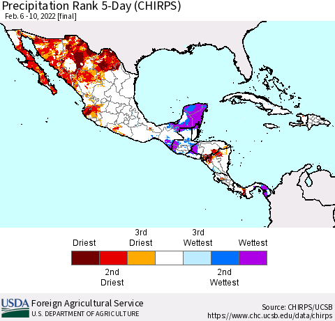 Mexico Central America and the Caribbean Precipitation Rank since 1981, 5-Day (CHIRPS) Thematic Map For 2/6/2022 - 2/10/2022