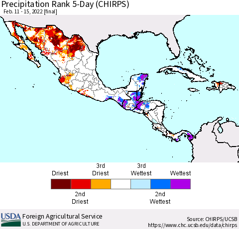 Mexico Central America and the Caribbean Precipitation Rank since 1981, 5-Day (CHIRPS) Thematic Map For 2/11/2022 - 2/15/2022