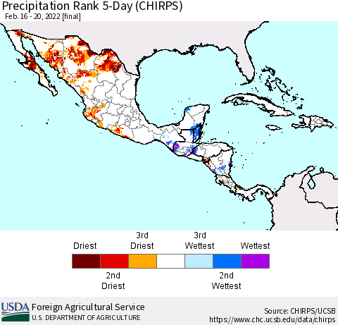 Mexico Central America and the Caribbean Precipitation Rank since 1981, 5-Day (CHIRPS) Thematic Map For 2/16/2022 - 2/20/2022