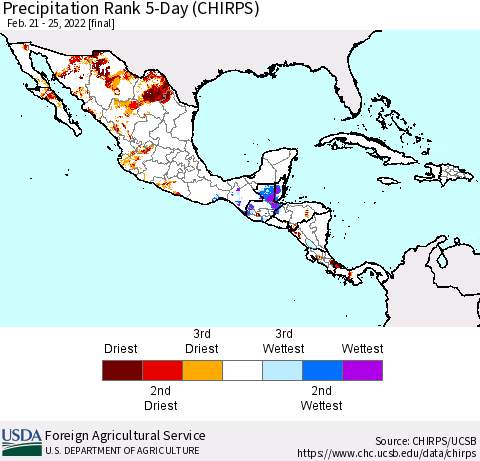 Mexico Central America and the Caribbean Precipitation Rank since 1981, 5-Day (CHIRPS) Thematic Map For 2/21/2022 - 2/25/2022