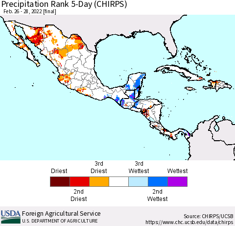 Mexico Central America and the Caribbean Precipitation Rank since 1981, 5-Day (CHIRPS) Thematic Map For 2/26/2022 - 2/28/2022