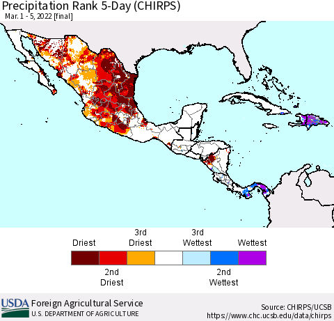 Mexico Central America and the Caribbean Precipitation Rank since 1981, 5-Day (CHIRPS) Thematic Map For 3/1/2022 - 3/5/2022
