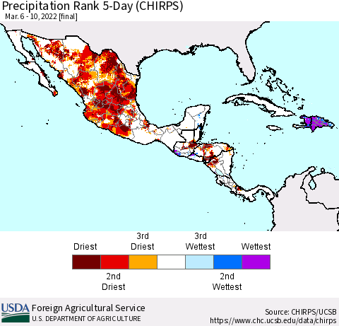 Mexico Central America and the Caribbean Precipitation Rank since 1981, 5-Day (CHIRPS) Thematic Map For 3/6/2022 - 3/10/2022