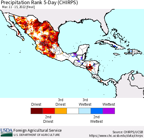 Mexico Central America and the Caribbean Precipitation Rank since 1981, 5-Day (CHIRPS) Thematic Map For 3/11/2022 - 3/15/2022