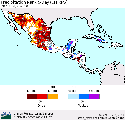 Mexico Central America and the Caribbean Precipitation Rank since 1981, 5-Day (CHIRPS) Thematic Map For 3/16/2022 - 3/20/2022