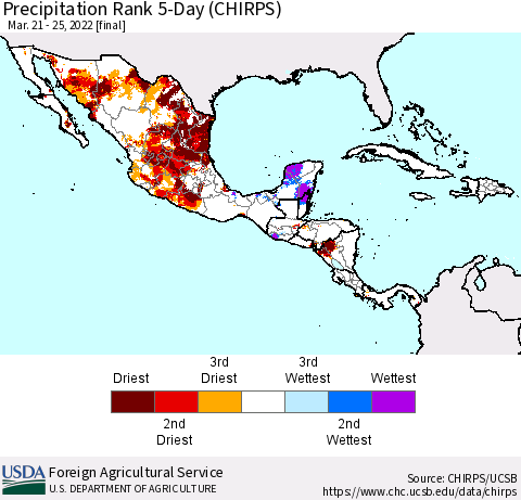 Mexico Central America and the Caribbean Precipitation Rank since 1981, 5-Day (CHIRPS) Thematic Map For 3/21/2022 - 3/25/2022