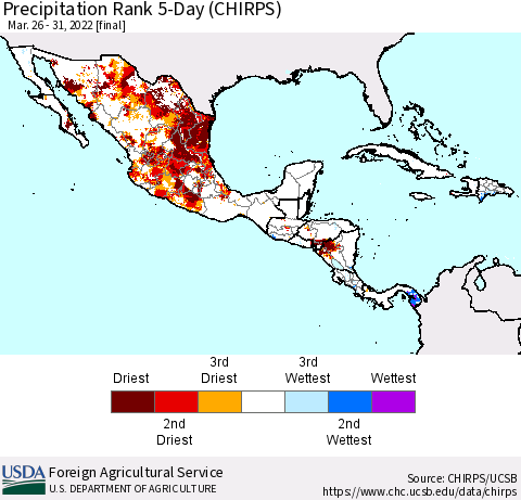Mexico Central America and the Caribbean Precipitation Rank since 1981, 5-Day (CHIRPS) Thematic Map For 3/26/2022 - 3/31/2022