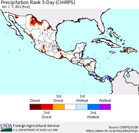 Mexico Central America and the Caribbean Precipitation Rank since 1981, 5-Day (CHIRPS) Thematic Map For 4/1/2022 - 4/5/2022