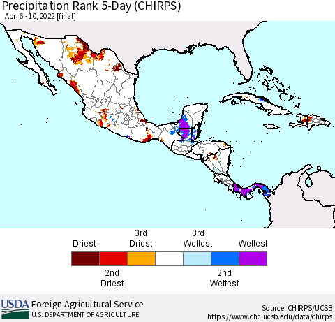 Mexico Central America and the Caribbean Precipitation Rank since 1981, 5-Day (CHIRPS) Thematic Map For 4/6/2022 - 4/10/2022