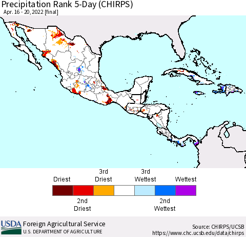 Mexico Central America and the Caribbean Precipitation Rank since 1981, 5-Day (CHIRPS) Thematic Map For 4/16/2022 - 4/20/2022