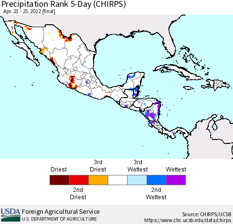 Mexico Central America and the Caribbean Precipitation Rank since 1981, 5-Day (CHIRPS) Thematic Map For 4/21/2022 - 4/25/2022