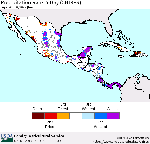 Mexico Central America and the Caribbean Precipitation Rank since 1981, 5-Day (CHIRPS) Thematic Map For 4/26/2022 - 4/30/2022