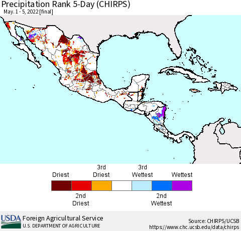 Mexico Central America and the Caribbean Precipitation Rank since 1981, 5-Day (CHIRPS) Thematic Map For 5/1/2022 - 5/5/2022
