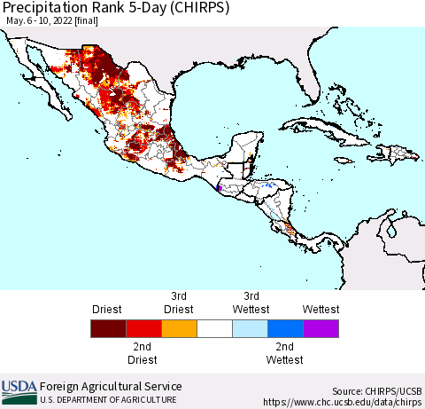 Mexico Central America and the Caribbean Precipitation Rank since 1981, 5-Day (CHIRPS) Thematic Map For 5/6/2022 - 5/10/2022