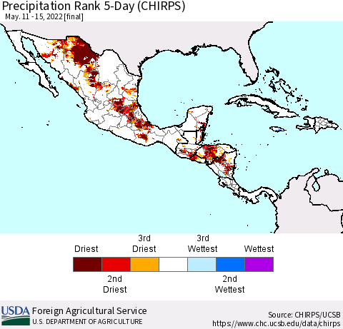 Mexico Central America and the Caribbean Precipitation Rank since 1981, 5-Day (CHIRPS) Thematic Map For 5/11/2022 - 5/15/2022