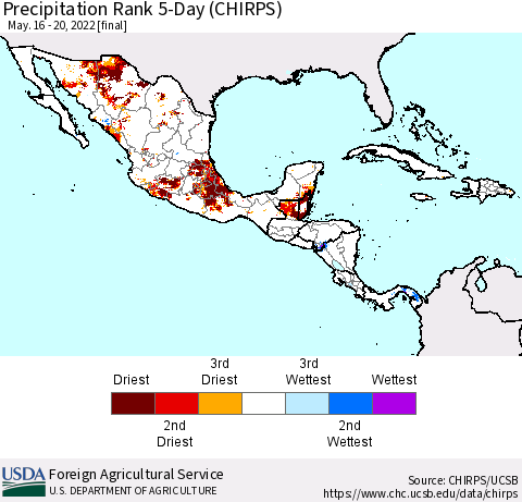 Mexico Central America and the Caribbean Precipitation Rank since 1981, 5-Day (CHIRPS) Thematic Map For 5/16/2022 - 5/20/2022