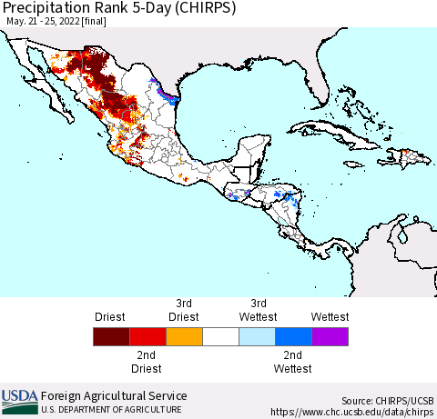 Mexico Central America and the Caribbean Precipitation Rank since 1981, 5-Day (CHIRPS) Thematic Map For 5/21/2022 - 5/25/2022