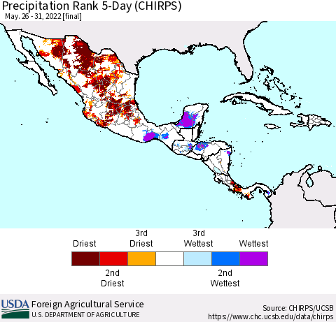 Mexico Central America and the Caribbean Precipitation Rank since 1981, 5-Day (CHIRPS) Thematic Map For 5/26/2022 - 5/31/2022