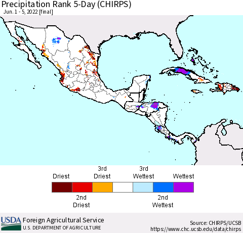 Mexico Central America and the Caribbean Precipitation Rank since 1981, 5-Day (CHIRPS) Thematic Map For 6/1/2022 - 6/5/2022
