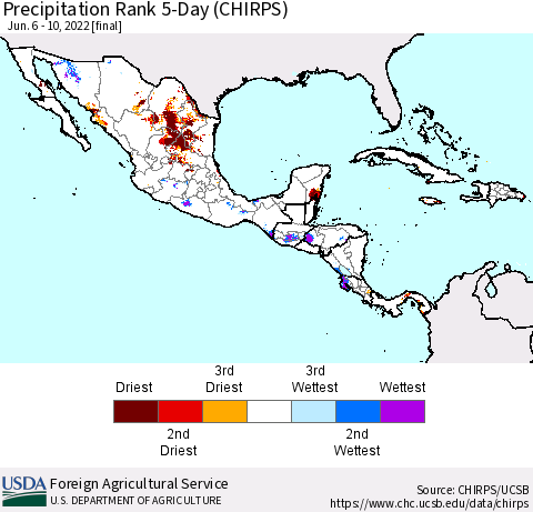 Mexico Central America and the Caribbean Precipitation Rank since 1981, 5-Day (CHIRPS) Thematic Map For 6/6/2022 - 6/10/2022